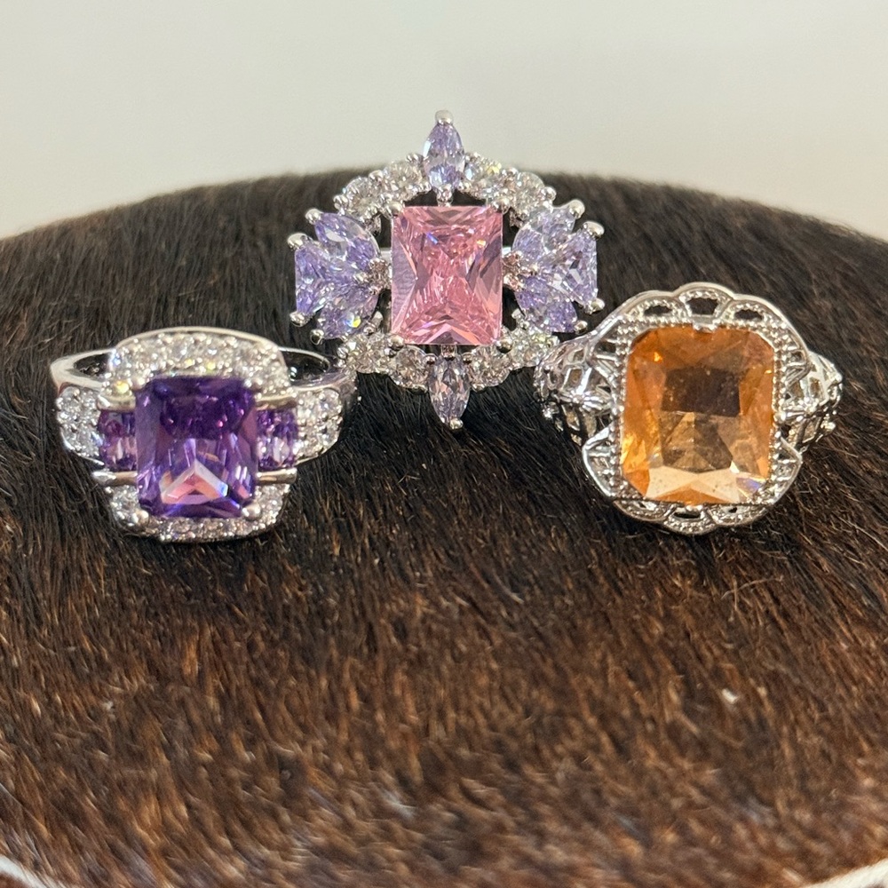Elegant Silver Tone, Costume, Cocktail Rings with Purple, Pink, & Orange Stones